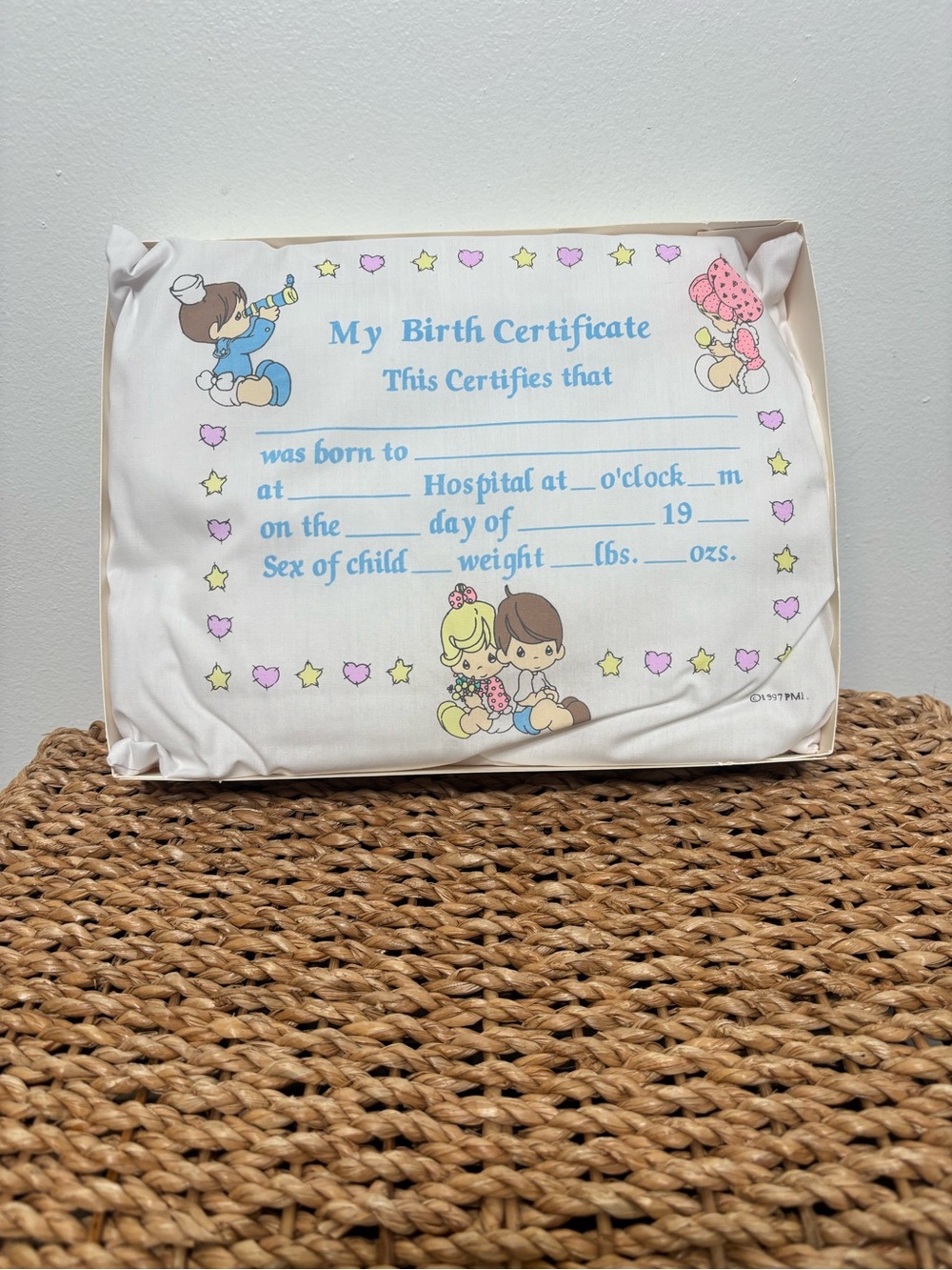 Vintage 1997 Precious Moments Birth Certificate Pillow